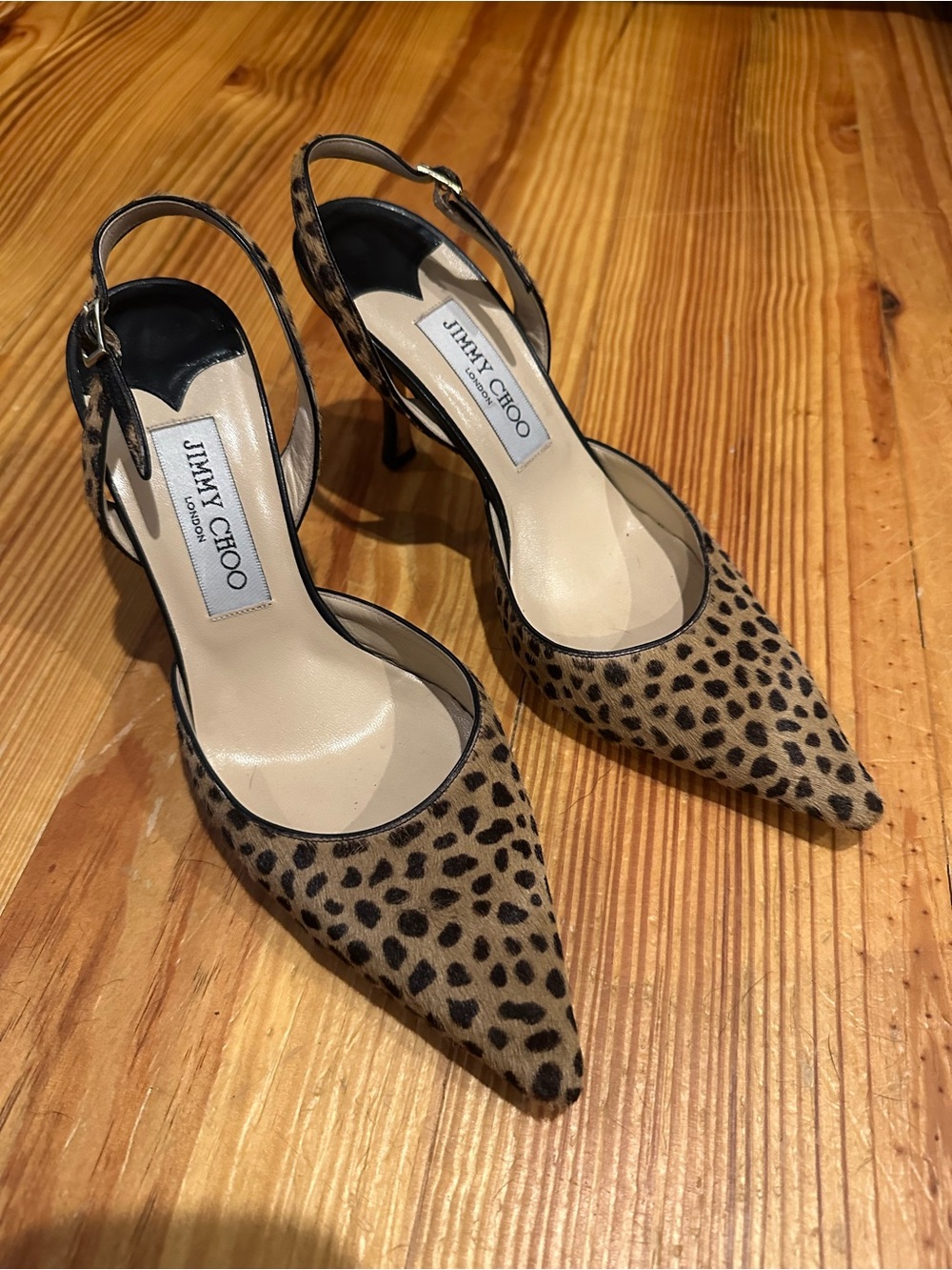 Jimmy Choo Leopard Print Slingback Pointed Pumps - Tan/Black